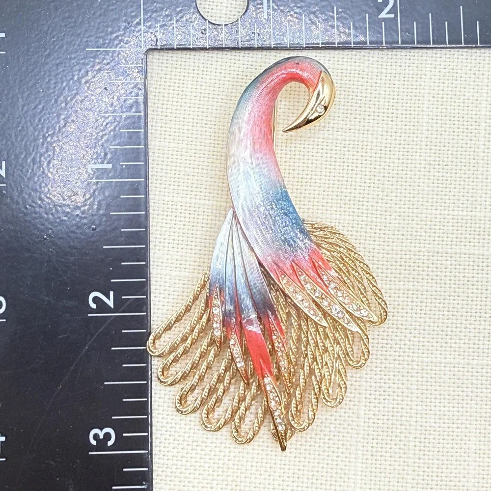 Vintage Blue and Red Glitter Enamel Gold Tone Peacock Bird Brooch Pin